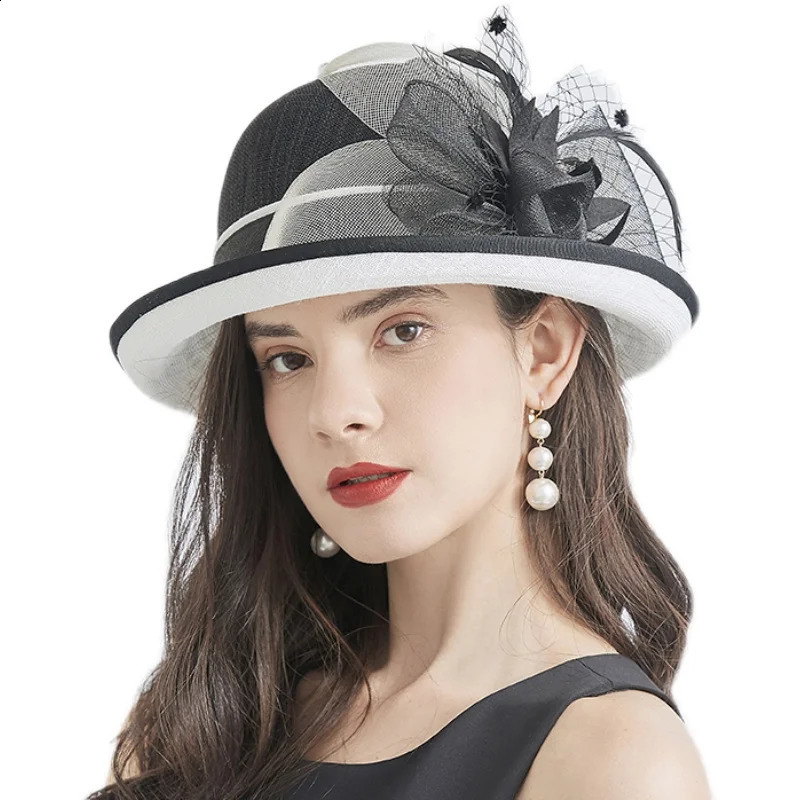 Summer Straw Hat For Women Elegant Charming Flower Party Church Britain Retro Curl Brim Sunbonnet Outdoor Sunshade Beach Cap 250228