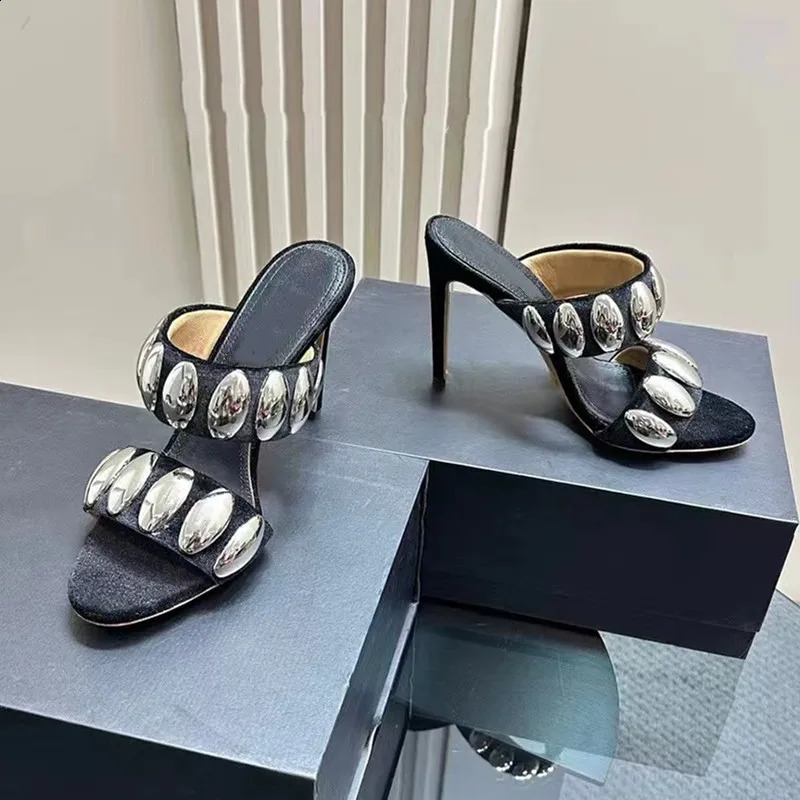 Summer Metal Decor Women Slippers Sandals Fashion Banquet Rivet Stiletto high Heels Suede Pumps Female Mules Slides 250228