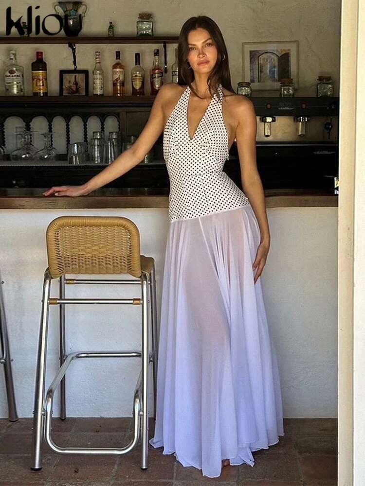 Kliou Wave Point Women Maxi Dress Elegant Patchwork Classic Halter Lace Up V-Neck Backless Drape Vestidos Mujertravel Streetwear