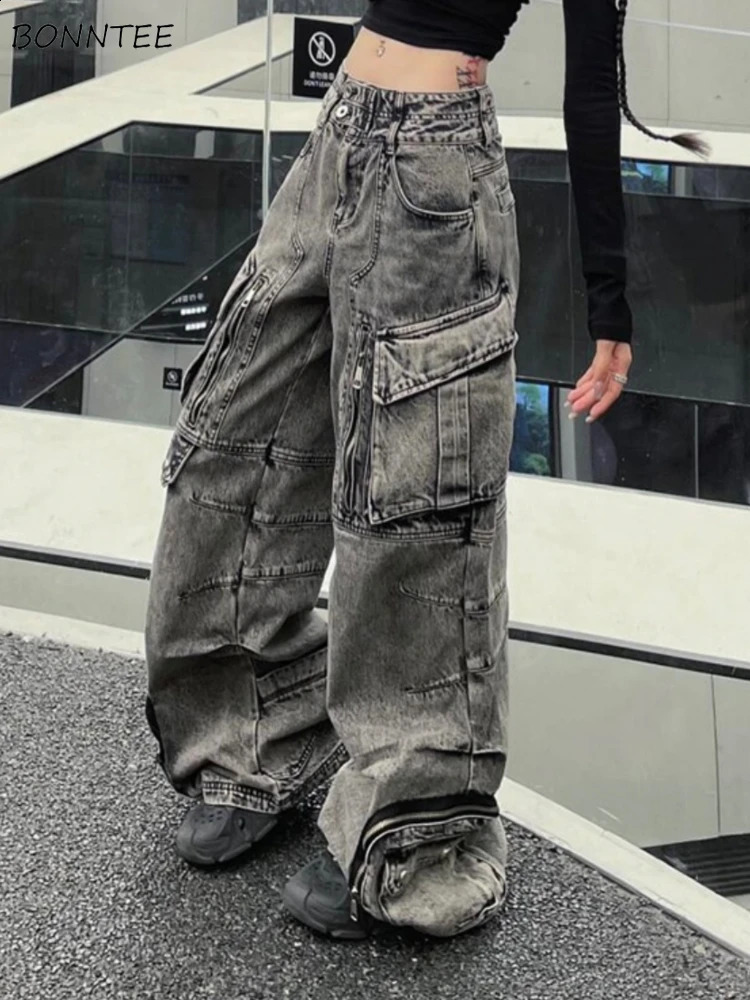 High Street Jeans Women Loose Multi Pockets ed Vintage Couples Streetwear American Wide Leg Trouser K Pop Clothing Daily 250224