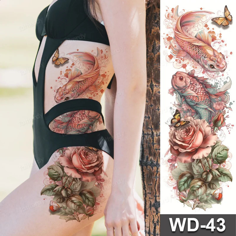 Large Full Arm Sleeve Temporary Tattoo Stickers Leg Thigh Waist Body Art Men Women Tattoos Snake Peony Carp Dragon Rose 250219