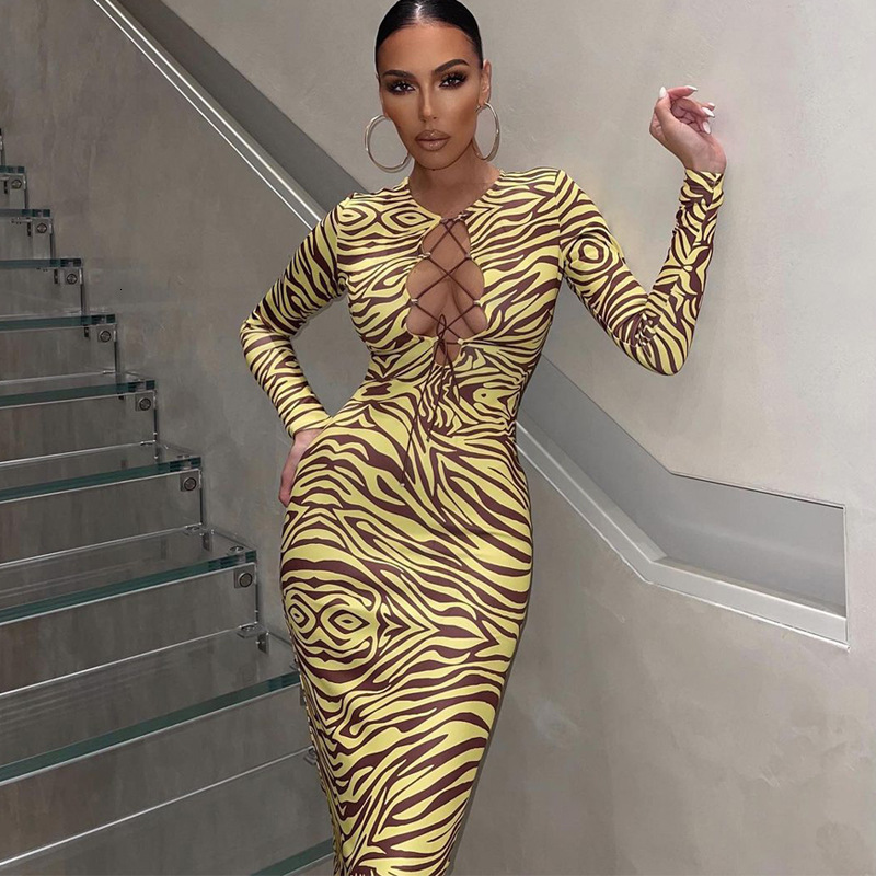 Women's New4 New Winter Fashion Print Chest Hollow Long Sleeve Slim Fit Dress For Women
