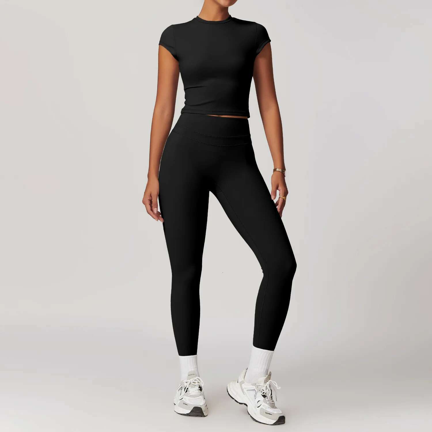 Mikeyoga 2Pcs Yoga Set Women Sportswear Workout Clothes Athletic Wear Gym Legging Fiess Bra Crop Top Short Sleeves Sports Suit