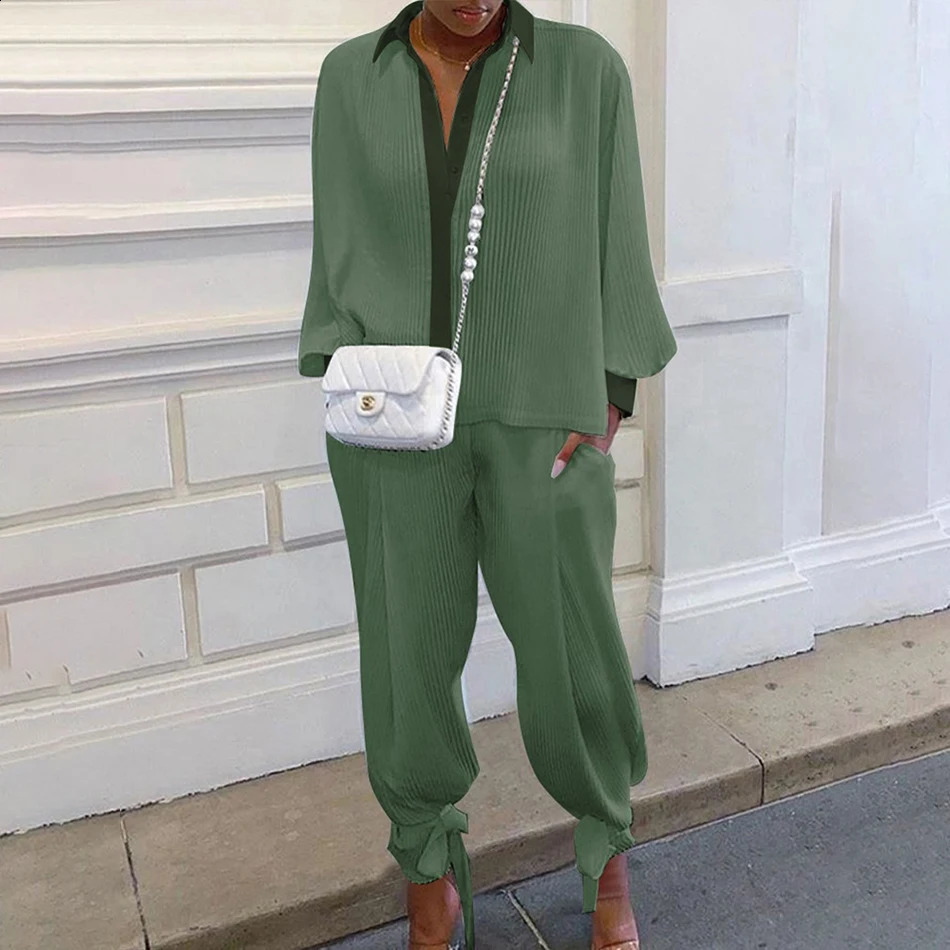 Spring 2 Piece Set Women Tops and Pants Tracksuit Casual Solid Suit Long Sleeve Vneck Shirt Loose Sportwear Outfit 250225