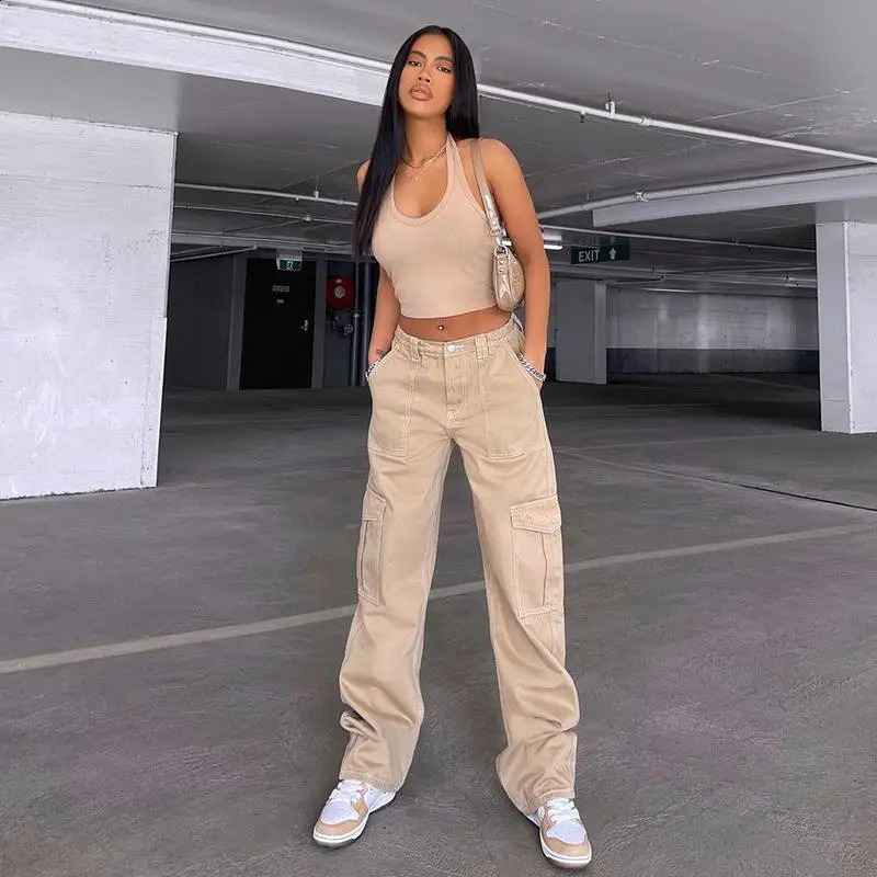 American Vintage Grunge Cargo Pant For Women Multi Pockets Hip Hop Wide Leg Baggy Jeans Lady Y2k Streetwear Clothing 250224