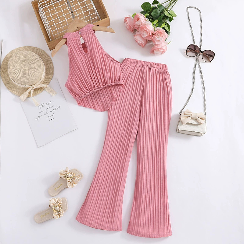 Girls Summer New Pink Sleeveless Top + Pink Pants Stylish Birthday Party Vacation Holiday Daily Casual Sweet Two Piece Set D264