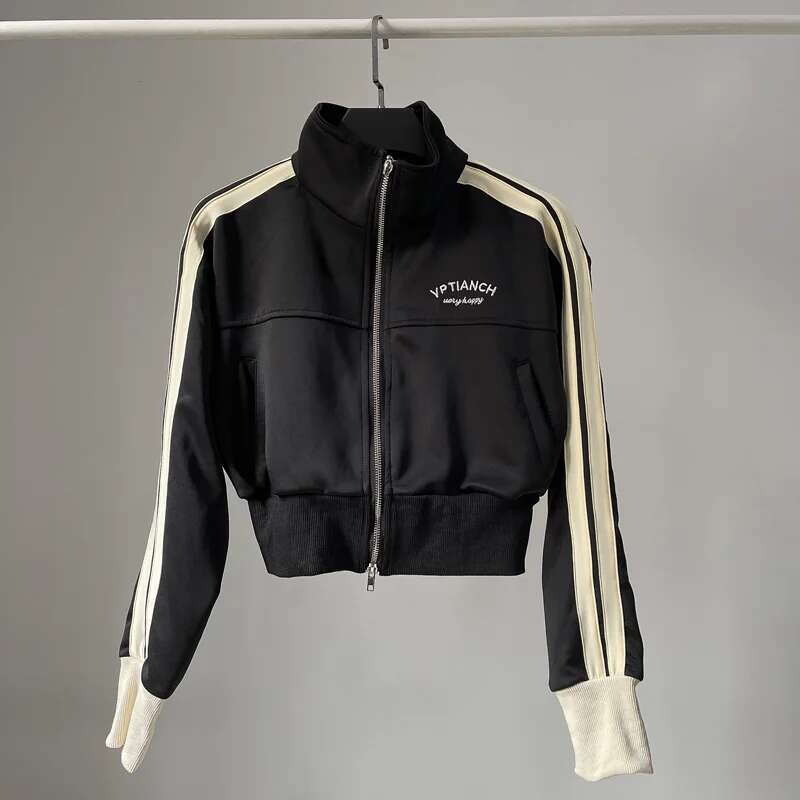 Spring Double Zipper Baseball Cropped Jacket Women Outerwear Embroidered Striped Green Black White Blue Zip Up Coat