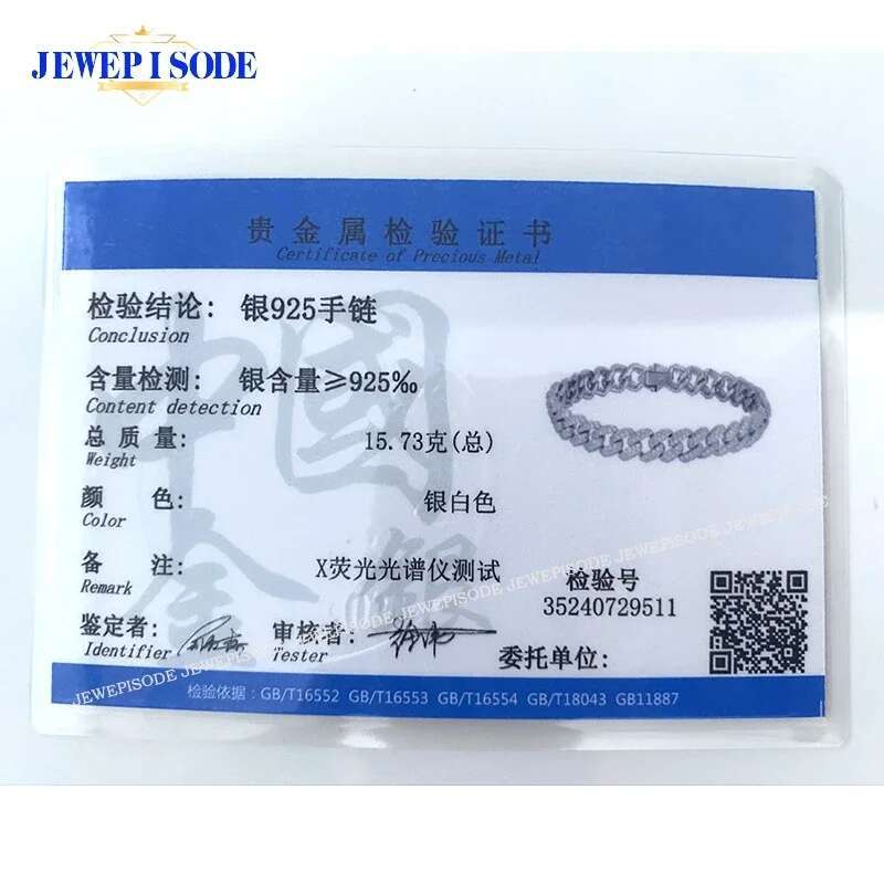 JEWEPISODE 100% Sterg Sier Hip Hop Sparkg Full High Carbon Dia Charm Cuban Bracelets for Women Men Party Jewelry