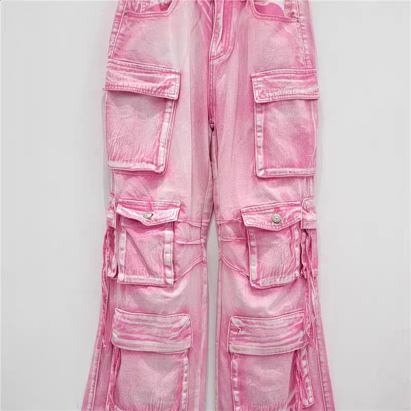 Multi pocket pink cargo jeans for women washed retro hip-hop luggage jeans casual wide leg straight jeans 250224