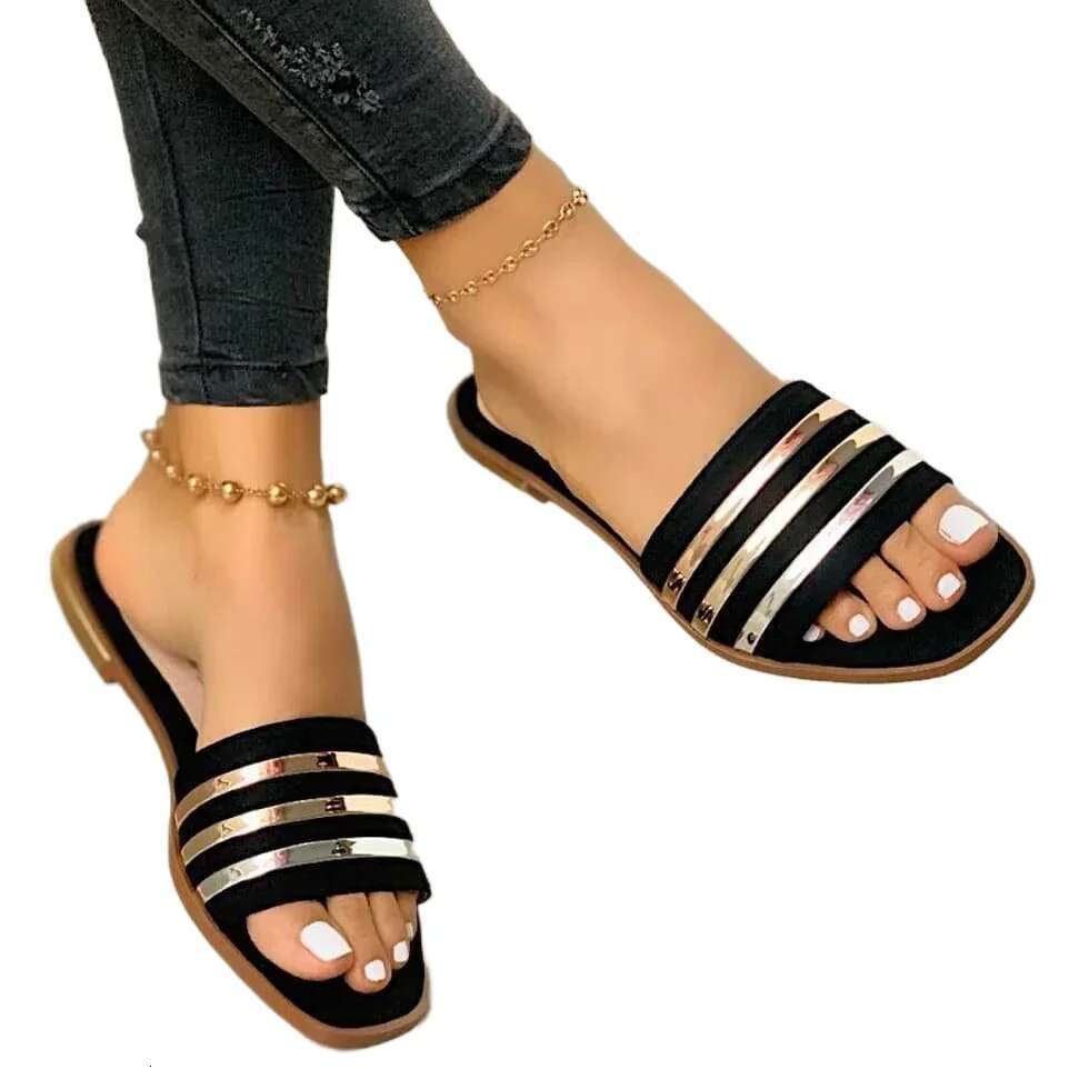 New Metal Slippers Striped Summer Flat Shoes Fashion Slip on Slides Outdoor Female Casual Women Sandals Plus Size 43