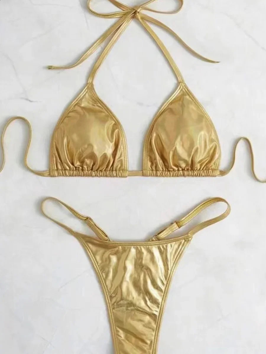 Metallic PU Leather Extreme Mini Thong Bikini Female Swimsuit Women Swimwear Twopieces Set Halter Bathing Suit Swim Lady 250227