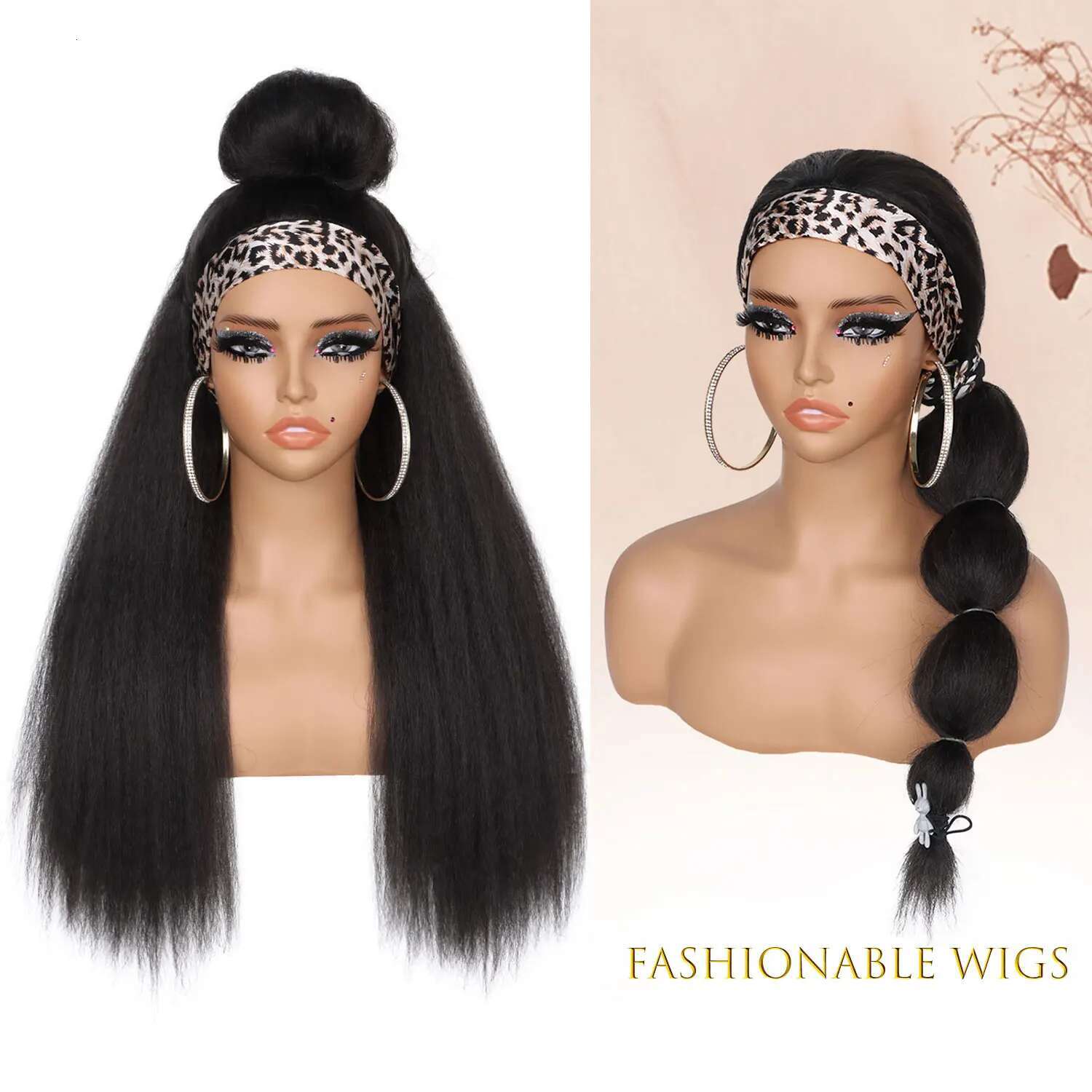 Synthetic Yaki Hair Kinky Straight Headband Wigs For Women Long Hine Made None Lace Front Wig