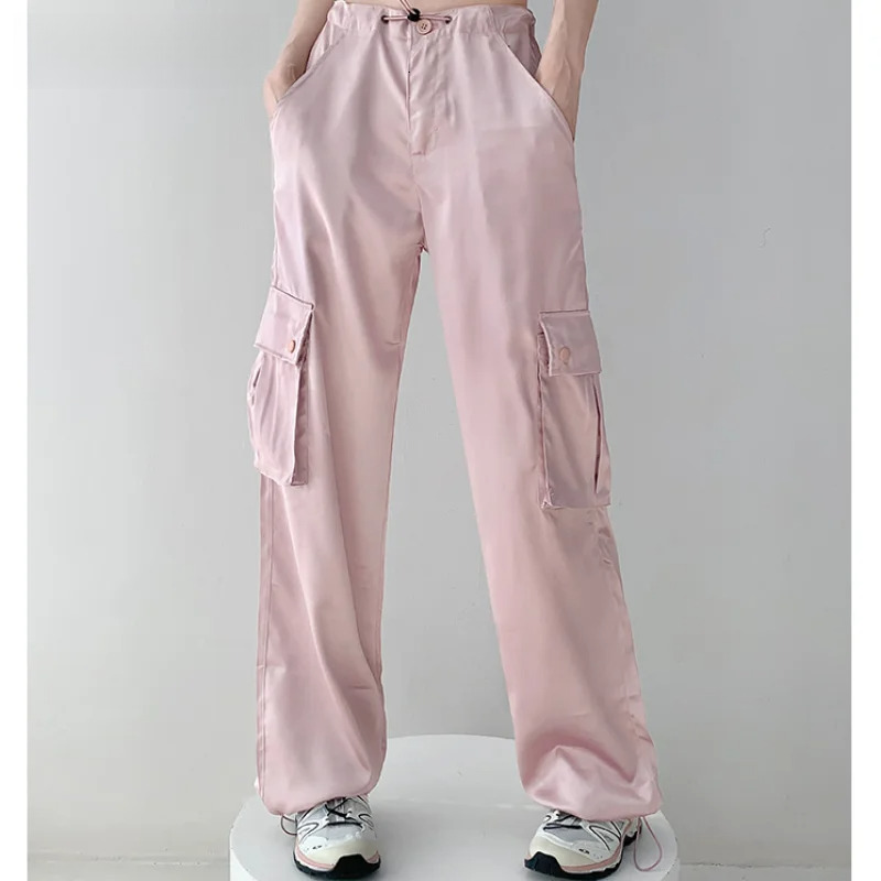 Silk Gorpcore Solid Pink Drawstring Fluid Baggy Cargo Pants Women Black Beige Gray Streetwear Trousers Bottoms