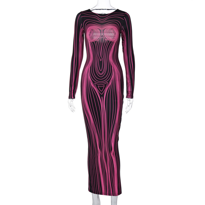 Women's New4 Summer New Fashion Print Backless Slim Fit Round Neck Long Sleeved Dress