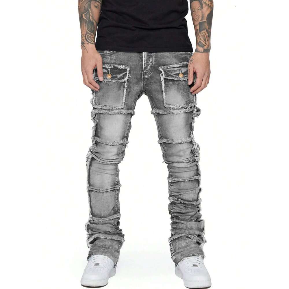 Men's Regular Stacked Jeans Ripped Slim Fit Patch Distressed Destroyed Straight Denim Pants Hip Hop