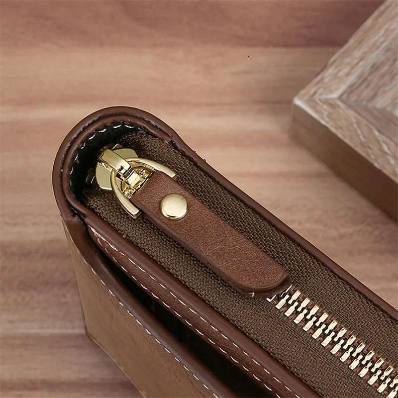 Retro Men's Short Strap Zipper Multi Slot Wallet Solid Color PU Leather High-quality And Durable Wallet Convenient For Men's Wear