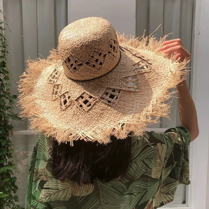Women Summer Natural Raffia Straw Hat Female Fashion Ribbon Floppy Shading Wide Brim Sun Hats Lady Vacation Travel Beach 250228