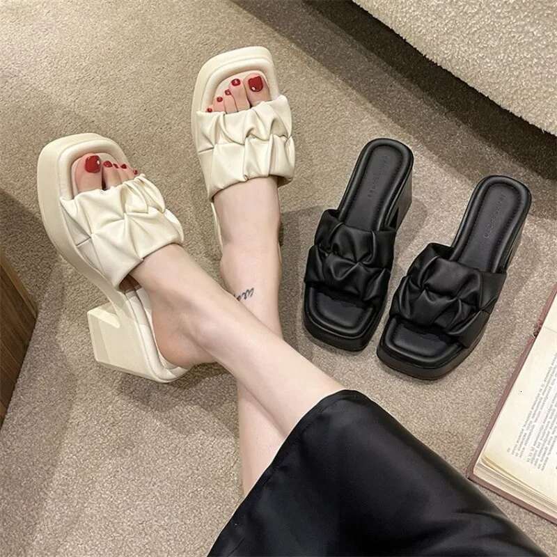 Casual Summer High-heeled Women Fish Mouth Ladies Shoes on Sale 2025 Fashion New Square Toe Anti-wrinkle Women's Slippers 's
