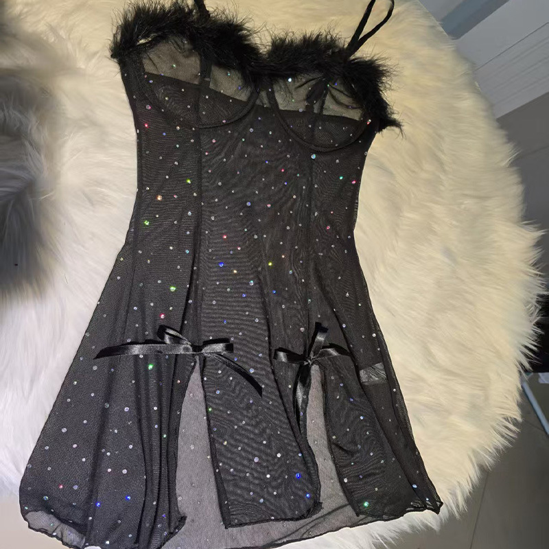 S140 New Spring and Summer Sexy Pajamas Sequined Feather Dress Slit Elastic Pure Desire