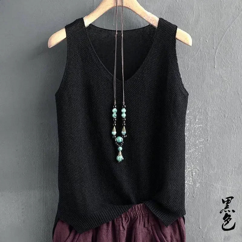 Big Size 5XL Solid Vintage Sleeveless Sweaters Vest Spring Autumn Loose VNeck Pullover Fashion Casual Women Knit Tops 250225