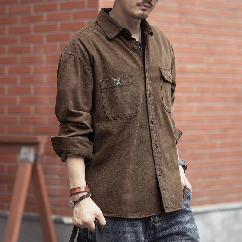 Spring Autumn Fashion Turn-down Collar Long Sleeve Solid Color Blouse Mens Clothing Loose Casual Button Simplicity Shirts 250225