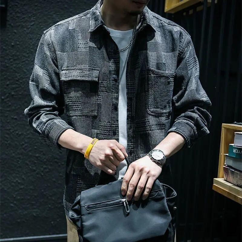 Fashion Lapel Button Pockets Printed Geometric Denim Shirts Mens Clothing 2024 Autumn Winter Loose Punk Tops Casual 250226