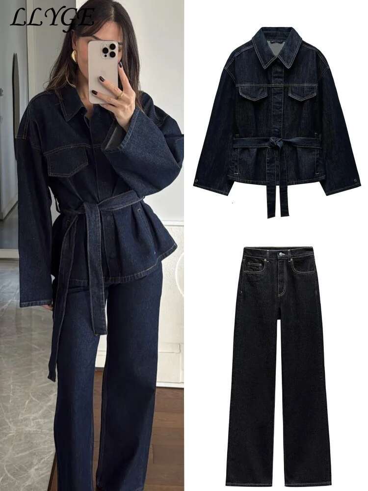Designer Vintage Belt Denim Jacket Pants Set Women Lapel Single Breasted Jackets Pockets Straight Jeans Spring Lady Street Outfits