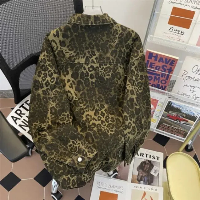 Trendy Leopard Slipsdenim Jacket For Men And Women Casual Loose-Fit Hip Hop Style Niche Heavy Duty Distressed Jacket 250228
