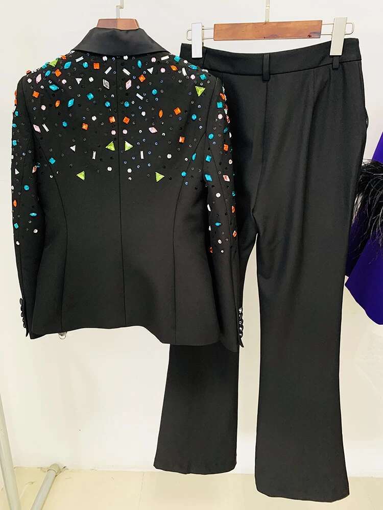 HIGH STREET Newest 2024 Designer Runway Fashion Suit Women's Slim Fitting Strass Dias Beaded Blazer Pants Set