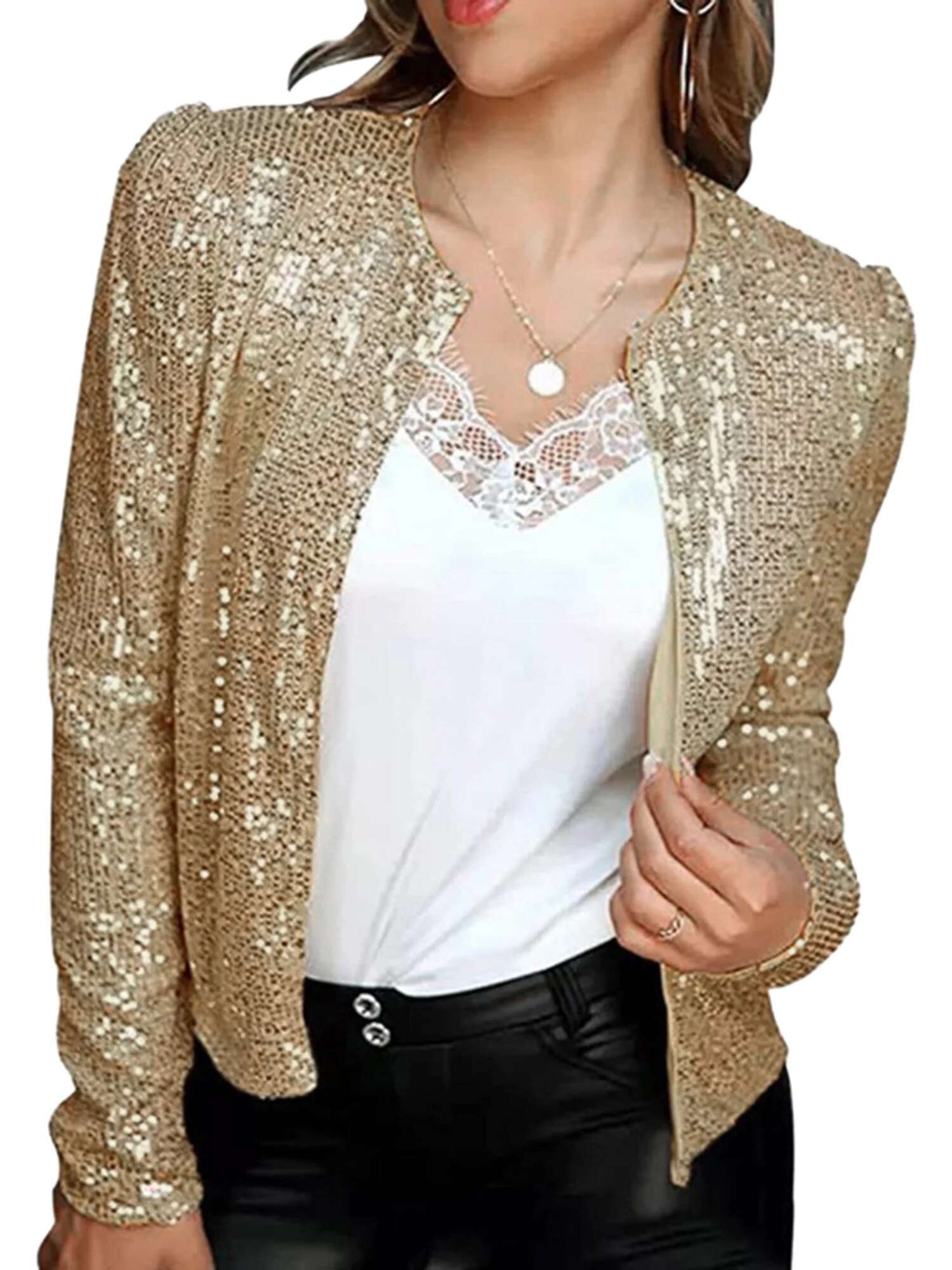 Women Sequin Jackets Long Sleeve Open Front Cardigan Coat Fall Tops Outerwear For Club Party