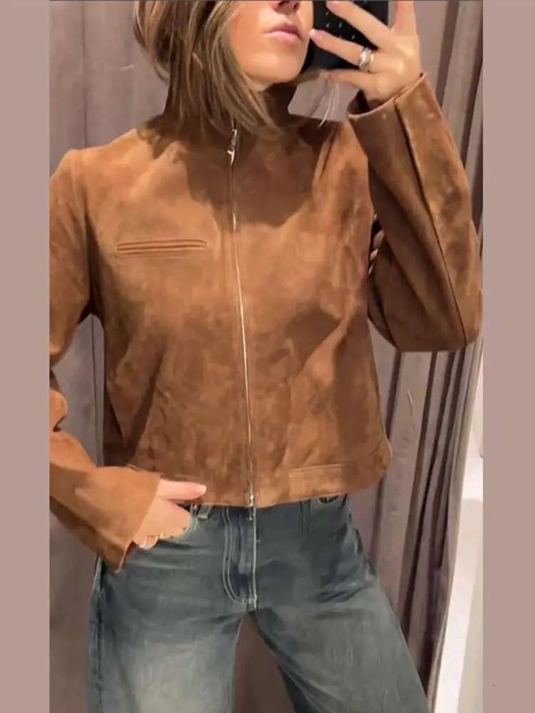 Designer Stand Collar Suede Zipper Short Jackets Women Casual Slim Brown Long Sleeved Jacket Female Spring Chic Daily Style Outwear Tops