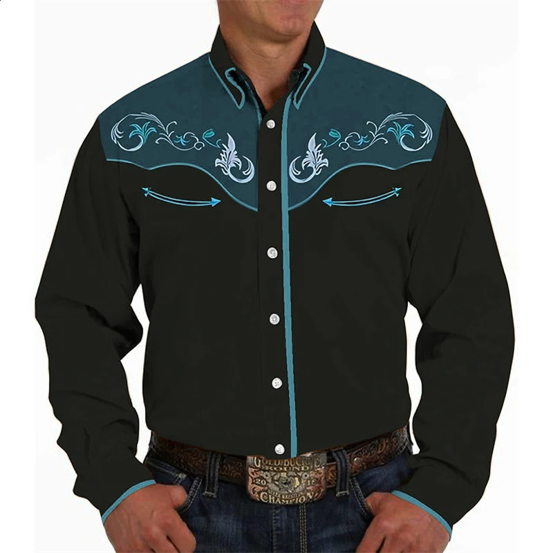 Vintage Floral Pattern Western Shirts For Men Spring Autumn Fashion Casual 3D Printed Long Sleeve Shirt Loose Streetwear Blouse 250225