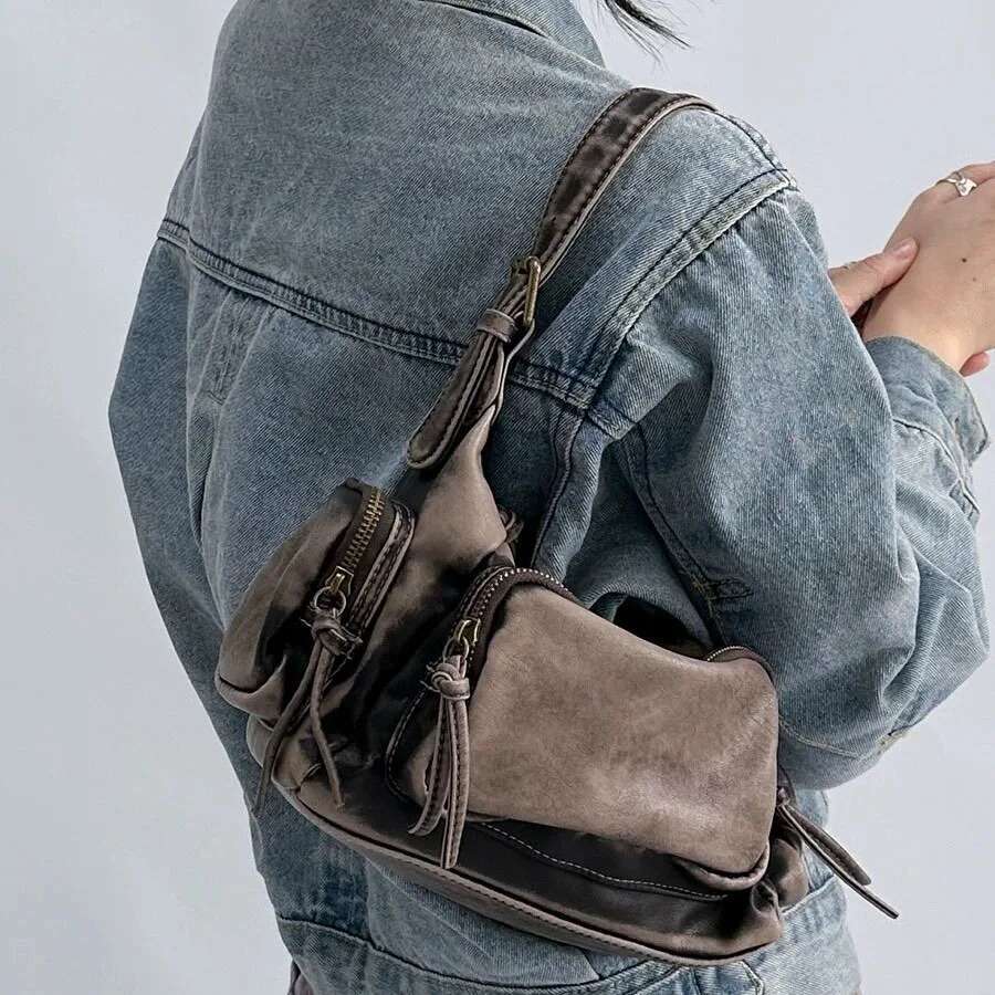 Women Vintage Denim Punk Shoulder Bag Design Black Grunge Handbag For Cool Girls Retro Lady Gothic Underarm Bags Motor Style