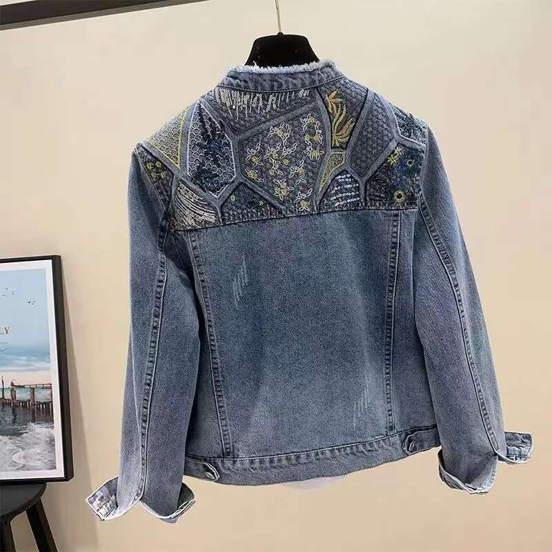 Vintage Beaded Women Bomber Jacket Autumn Embroidered Denim Jackets Blue Coat Turn-Down Collar Outerwears Washed Jaqueta Jeans