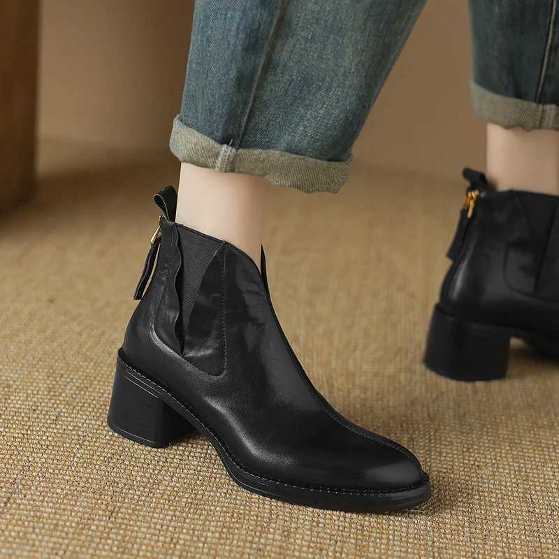 2024 Autumn Women Boots Genuine Leather Shoes for Women Pointed Toe Chunky Heel Shoes Slip-on Ankle Boots Handmade Western Boots Z250303