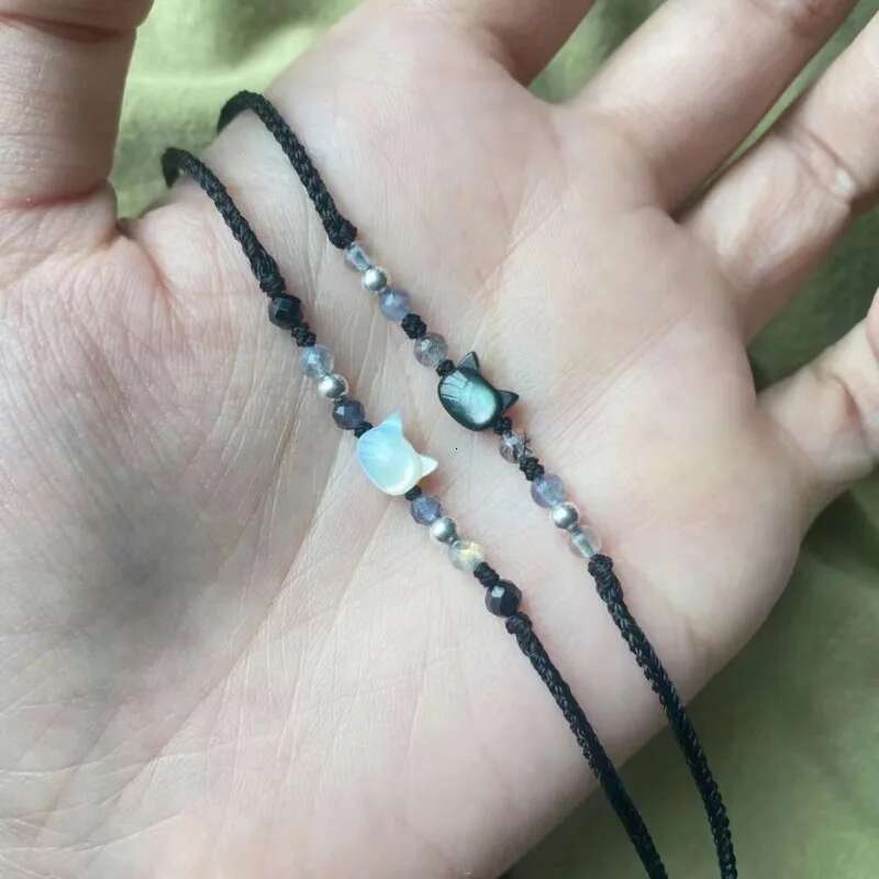 2pcs Natural Moonstone Obsidian Bracelets Couple Minimalist Handmade Cute Black White Cat Bracelet Party Jewelry Gifts