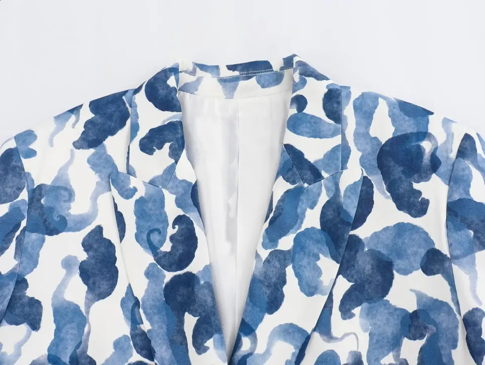 TRAFZA Casual Printed Blazer Suit Womens Lapel Pocket Button with Pant 2025 Spring Autumn Dinner Date 250225