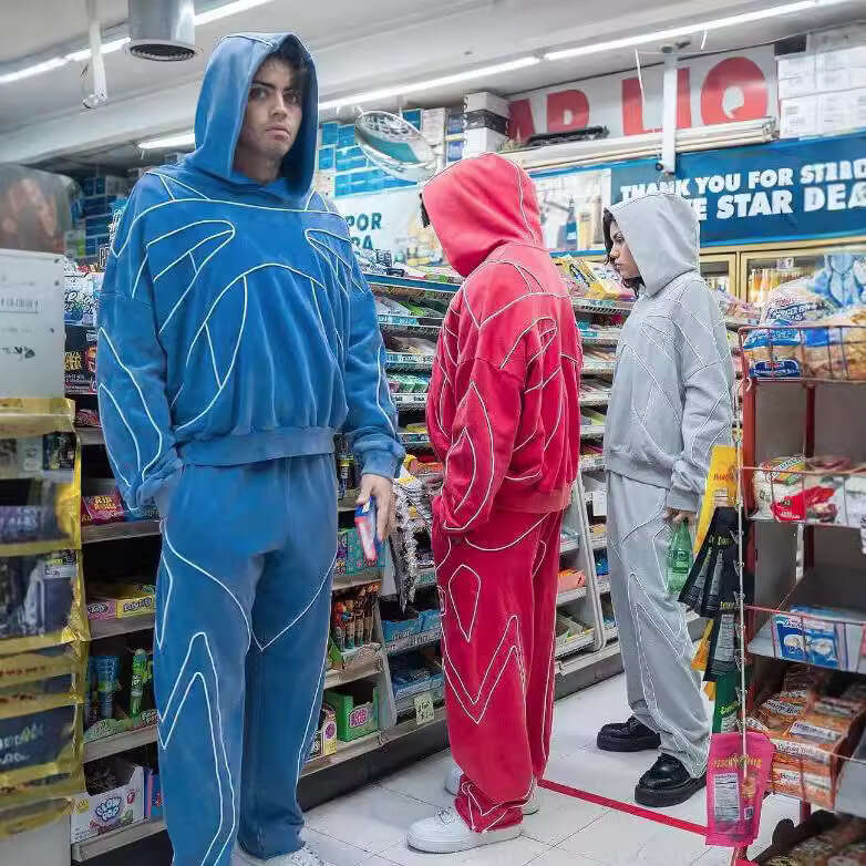 New American street style loose hoodie for autumn winter, men's and women's elastic waist wide leg pants set