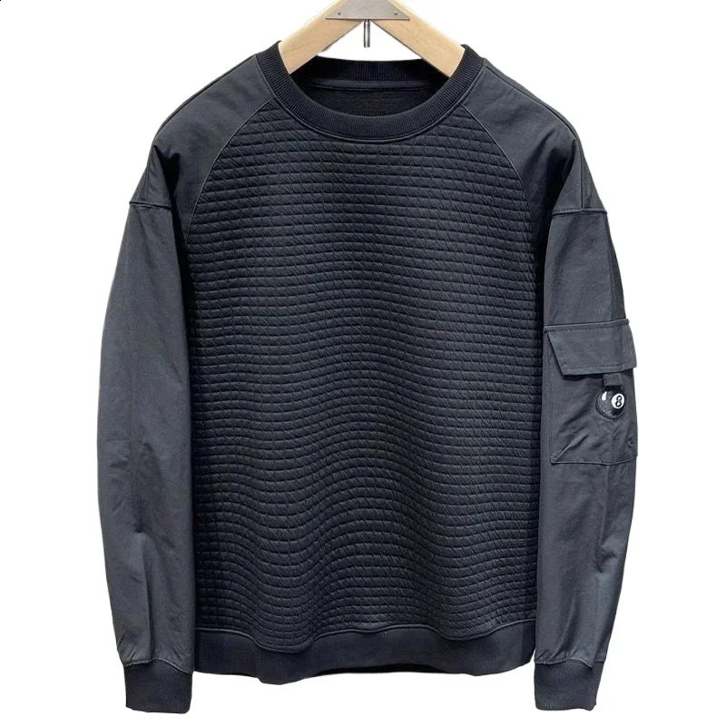 Retro Mens Casual Sweatshirts Loose Patchwork Waffle with Cargo Pocket Pullovers O-Neck Streetwear Black Long Sleeves Sweatshirt 250225