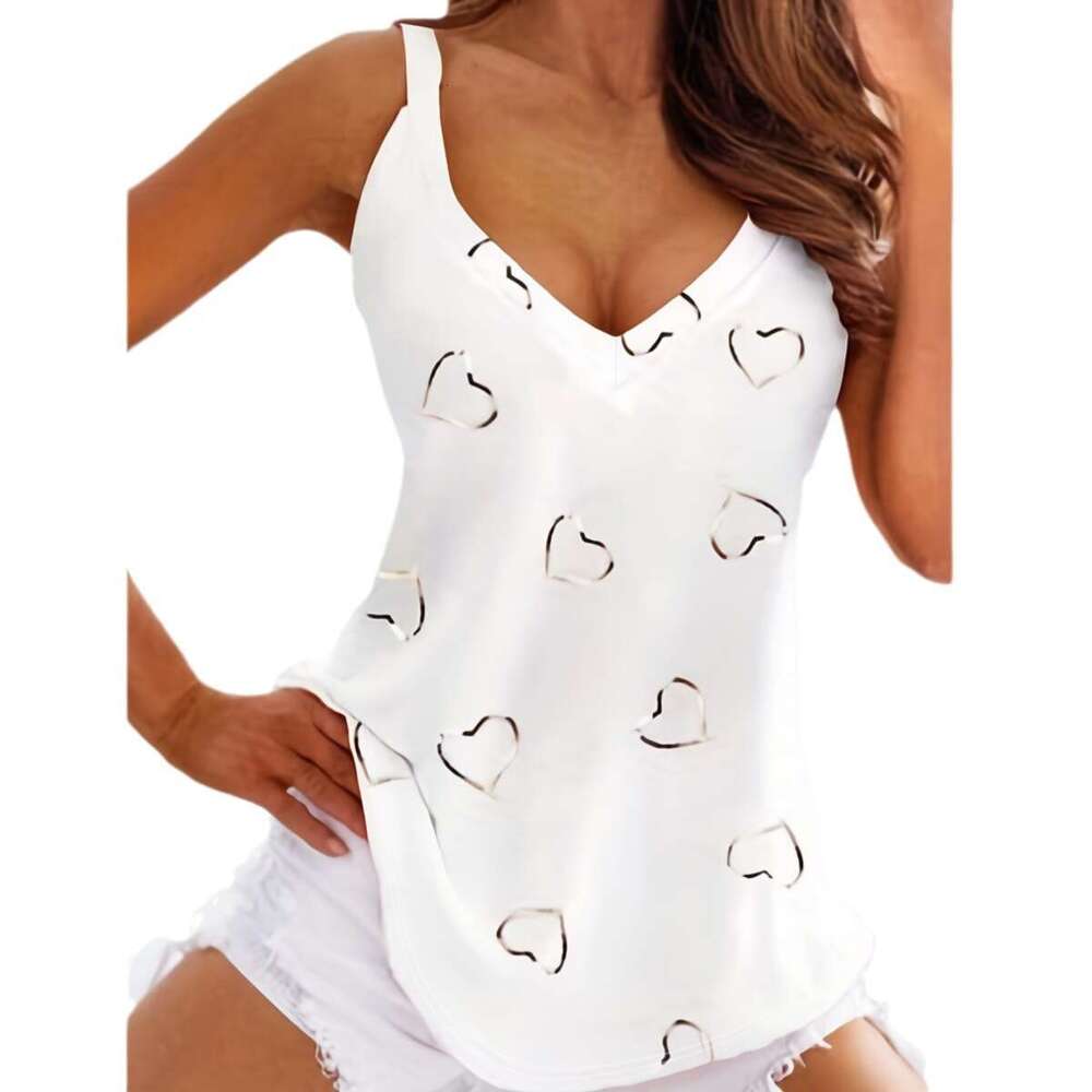 Sexy Camisole Women's Simple Summer Fashion Love Heart Printed Tank TopLoose Fit Sleeveless V-neck Bottoming Shirt