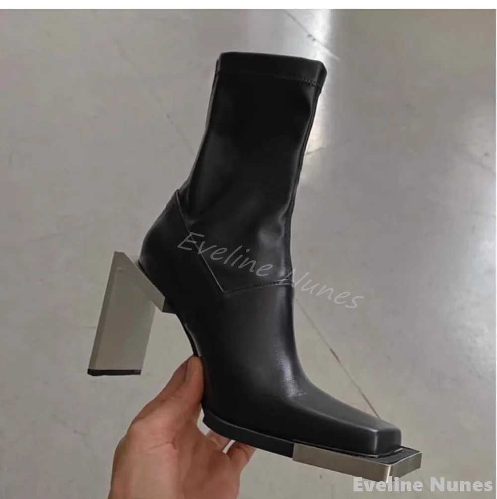 Metal Square Toe Chelsea Elastic Boots Strange Style Women Solid Genuine Leather Mid-Calf Boots 2024 winter Luxury Designer Boot Z250303
