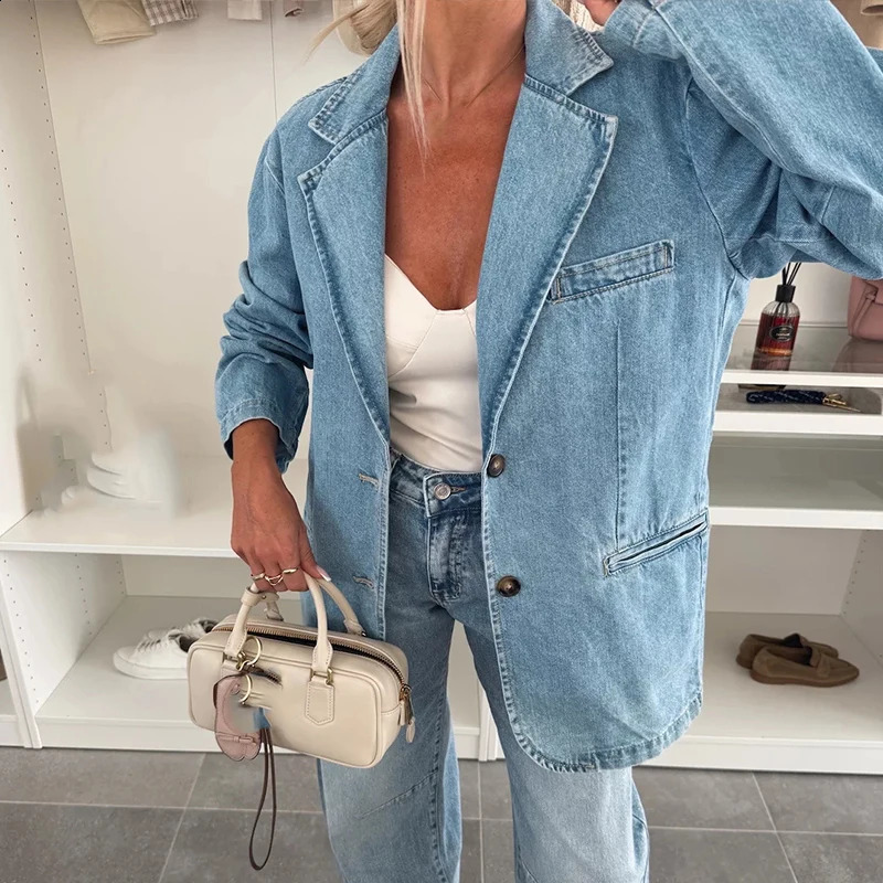 Ladies Fashion Single Breasted Loose Outerwear Spring Women Lapel Blazer Jacket Casual Long Sleeved Pocket Denim Coat 250228