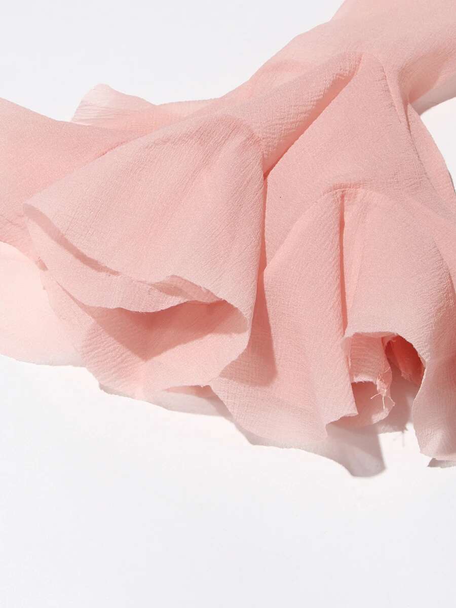 TWOTWINSTYLE Pink Patchwork Ruffle For Women Round Neck Flare Sleeve High Wait Slim Elegant Midi 107Cm Dress Female 2025