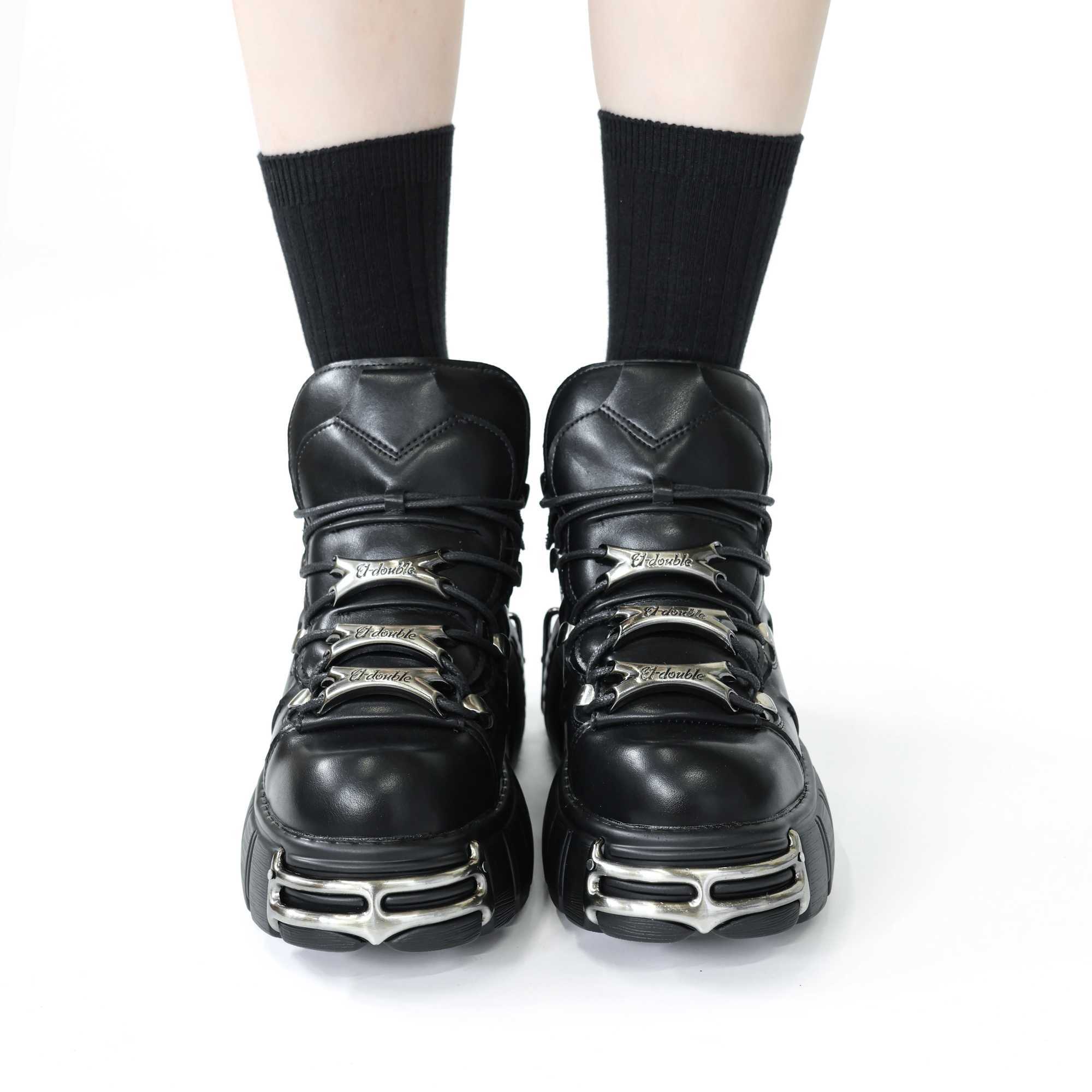 New 2024 Brand Punk Style Women Shoes Lace-up heel height 6CM Platform Shoes Woman Rock Boots Metal Decor Woman Sneakers Z250303