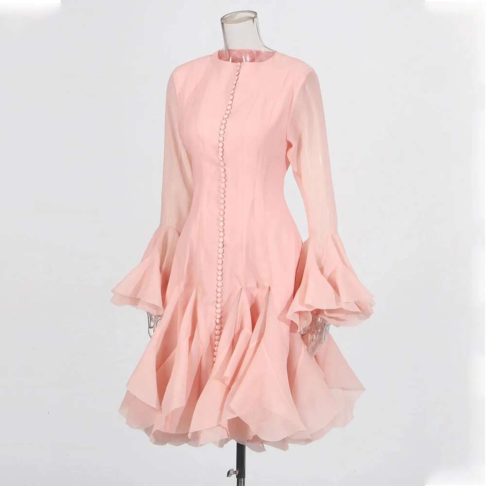 TWOTWINSTYLE Women's Dress Irregular Pleated Patchwork Fashion Long Lantern Sleeve Waist Cinching Mini Dresses 2024 New Clothing
