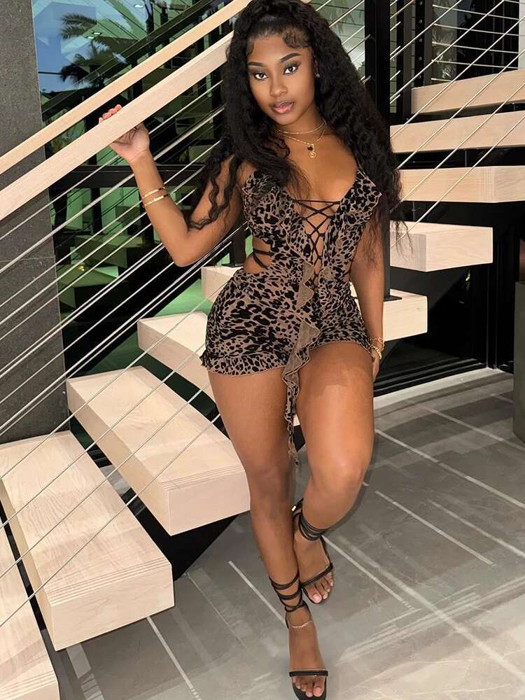 Weird Puss Sexy Summer Romper Women Cking Leopard Print Backless V-Neck Tassel Coquette Thin Midnight Party Workout Playsuits