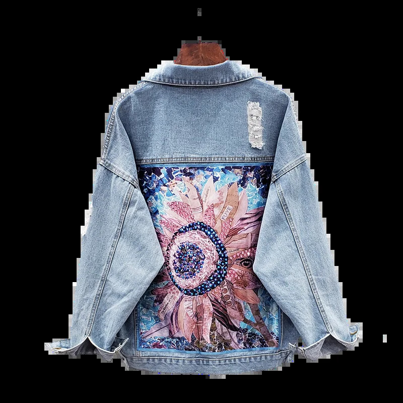Womens denim jacket womens spring and autumn Bohemian sequin floral y coat long sleeved vest 250228