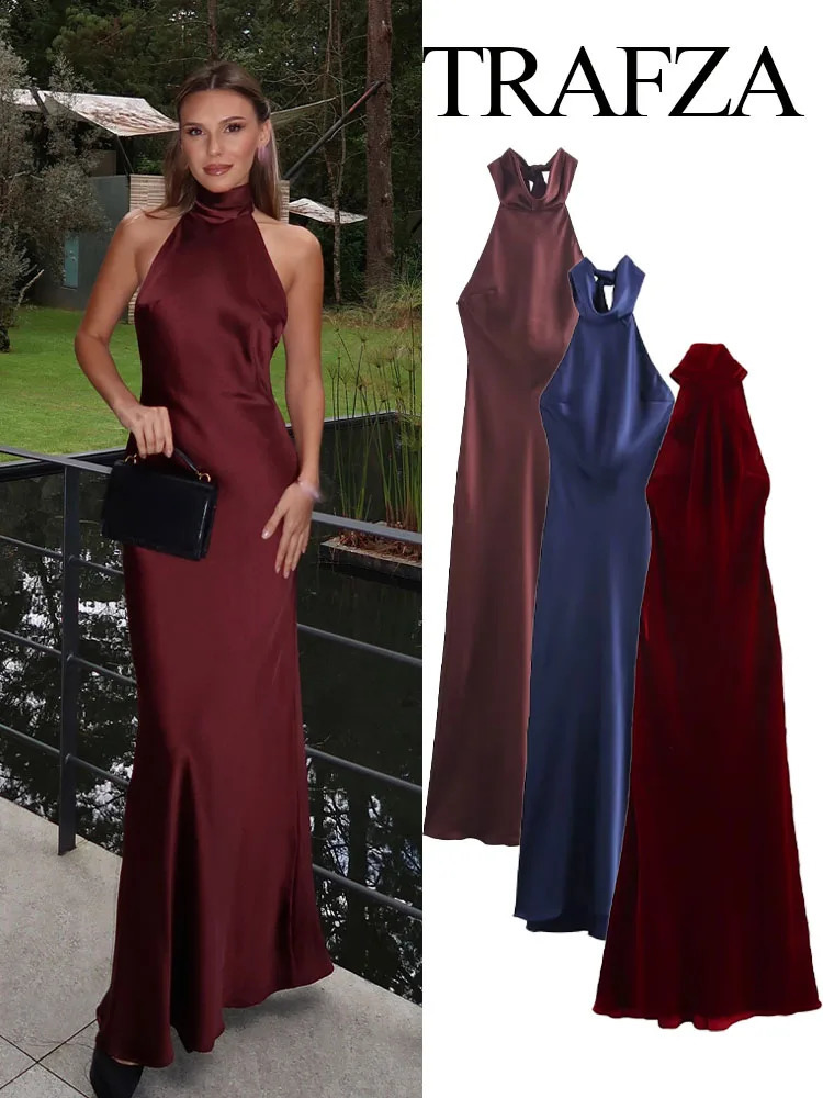 TRAFZA Summer Fashion Women Dress Solid Sleeveless Backless Bow Decoration Zipper Female Elegant Slim Long Dresses 5 Color 250228