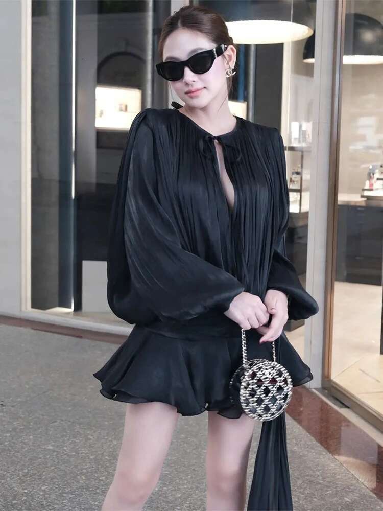 Elegant Unce Women V Neck Up Lantern Sleeves Chic Mini Robe Female 2025 Spring New Patchwork Lace Beach Dress Lady