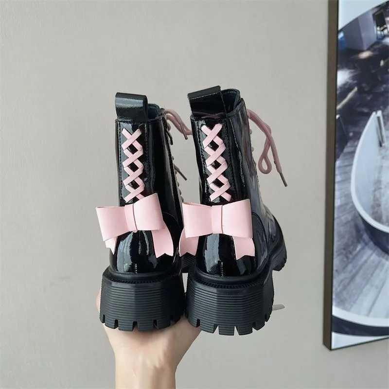 Boots For Women With Pink Bow Contrast Color Patent Leather Biker British Style Platform Ankle Boots Non-slip Thick Sole Shoes Z250303